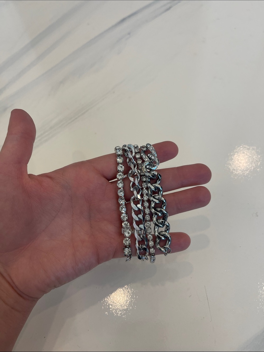 SHEIN Silver Rhinestone Tennis & Mixed Chain Bracelet Set